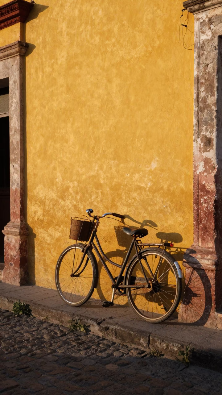 Vintage Bicycle Leaning Against Colorful Colonial Wall in Oaxaca Mexico at Sunrise in in Oaxaca, Mexico