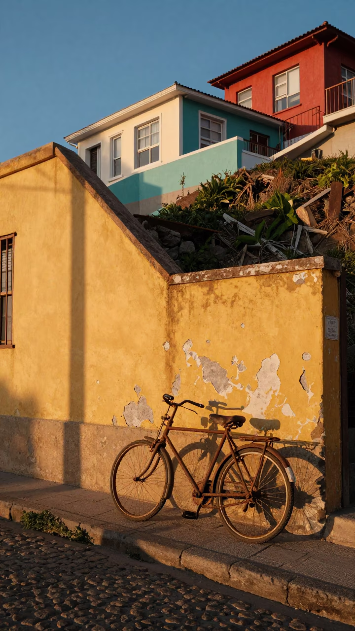 Vintage Bicycle Leaning Against Colorful Stepped House in Valparaiso Chile Golden Hour in in Valparaiso, Chile