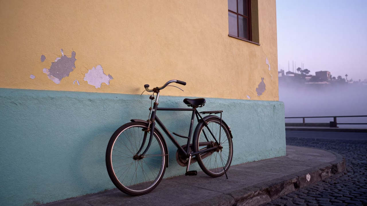 Vintage Bicycle Leaning Against Colorful Wall at Nautical Dawn in Valparaiso Chile in in Valparaiso, Chile