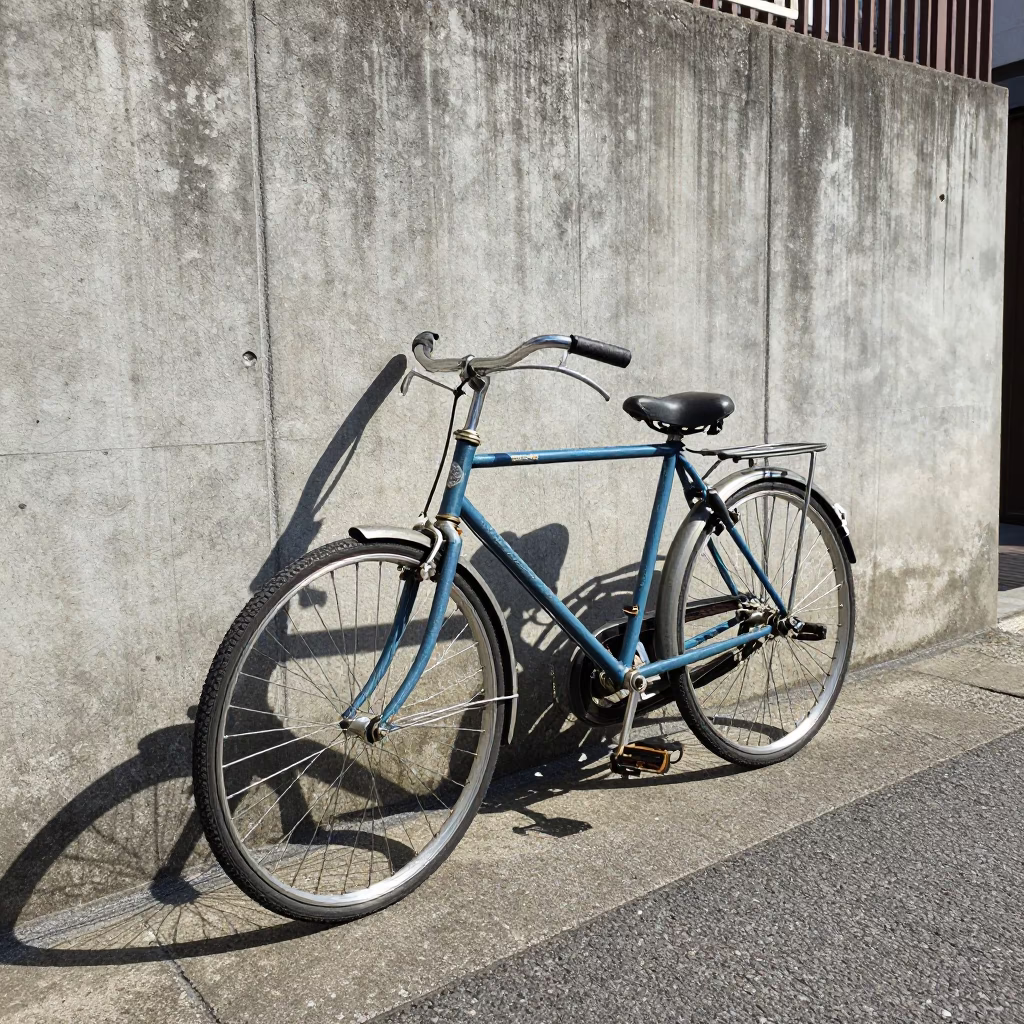 Vintage Bicycle Leaning Against Concrete Wall in Tokyo Street During Bright Midmorning Light in in Tokyo, Japan