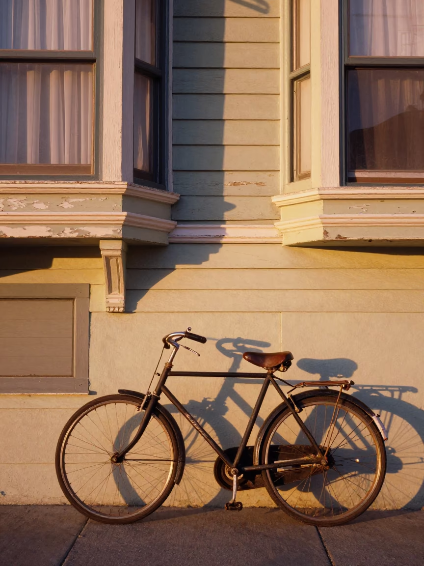 Vintage Bicycle Leaning Against Painted Victorian Wall in Golden San Francisco Evening Light in in San Francisco, California, United States