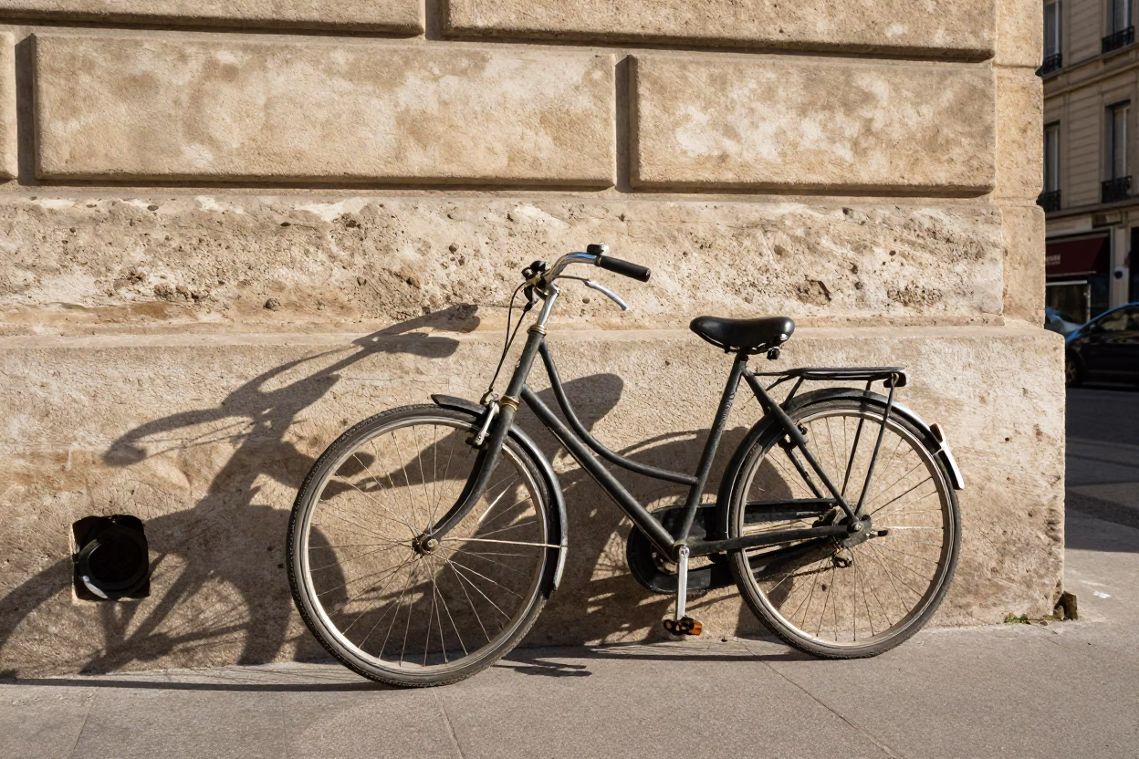 Vintage Bicycle Leaning Against Parisian Wall in Late Morning Light in in Paris, France
