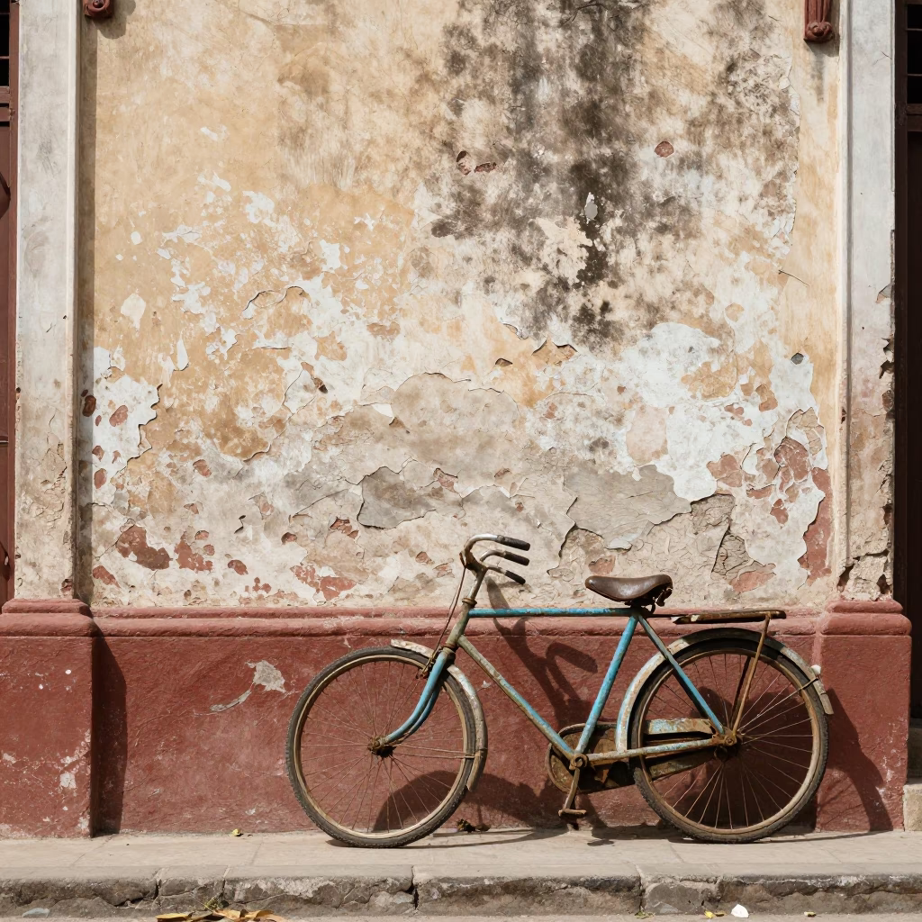 Vintage Bicycle Leaning Against Peeling Colonial Wall in Havana Cuba Under Flat Noon Light in in Havana, Cuba