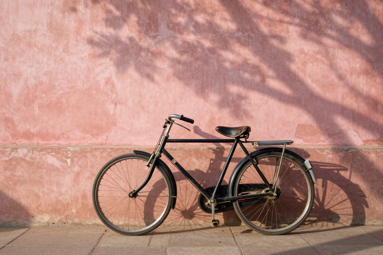 Vintage Bicycle Leaning Against Pink Sandstone Wall in Jaipur India Late Morning Street Scene in in Jaipur, India