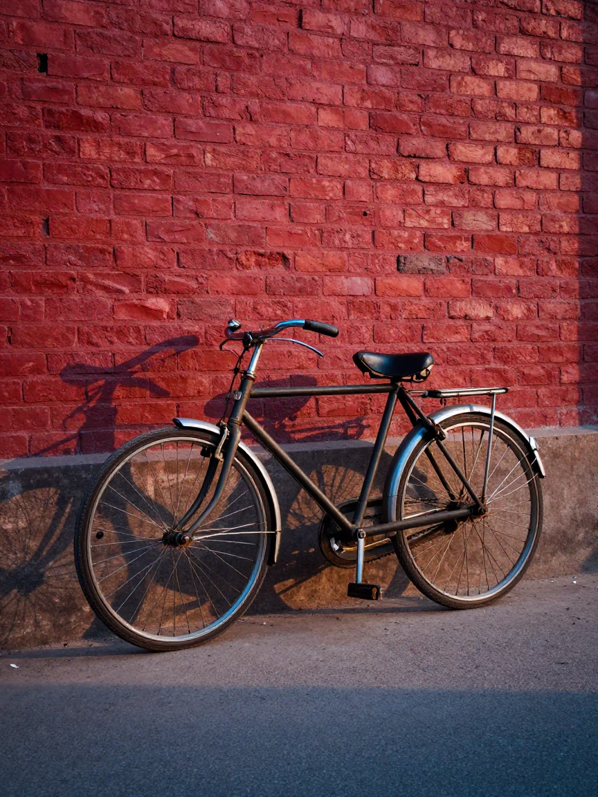 Vintage Bicycle Leaning Against Red Brick Wall in Delhi India at Dawn in in Delhi, India