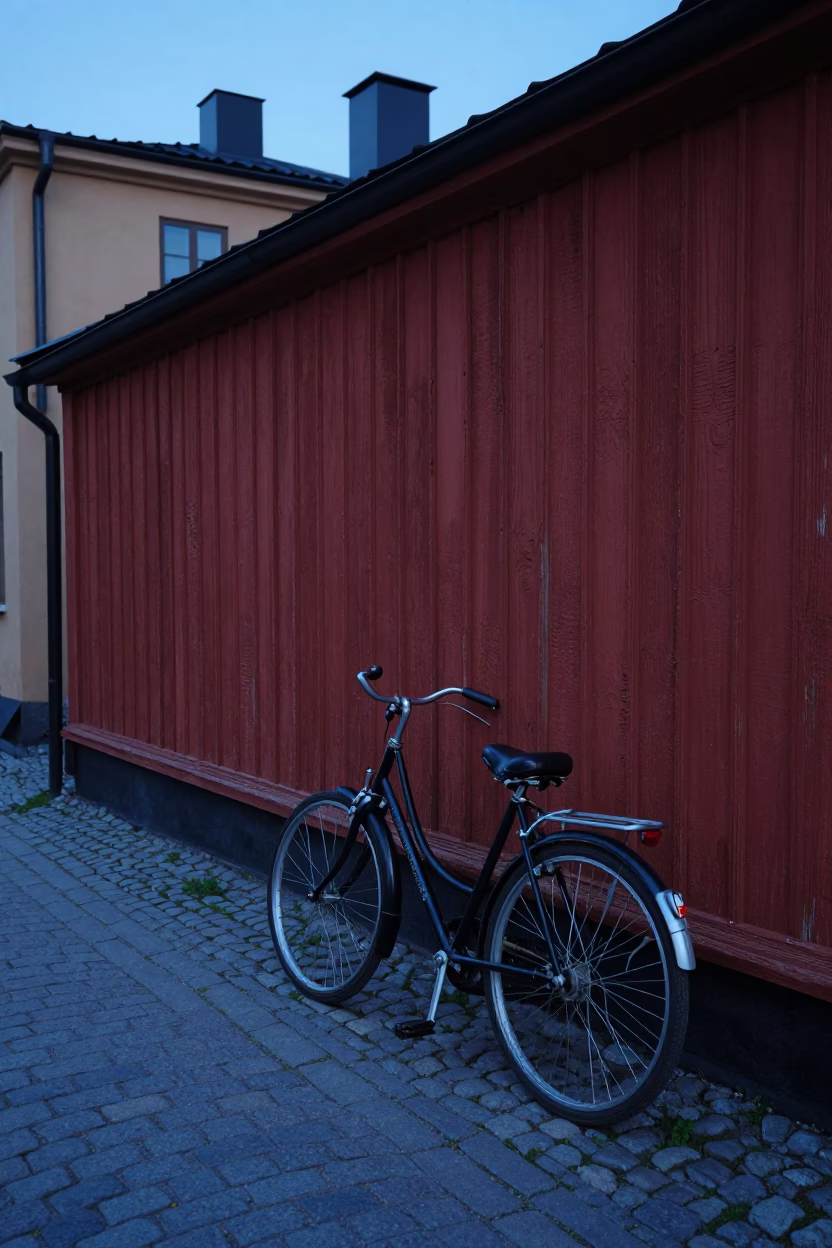 Vintage Bicycle Leaning Against Red Wooden Wall in Pre-Dawn Stockholm Sweden in in Stockholm, Sweden