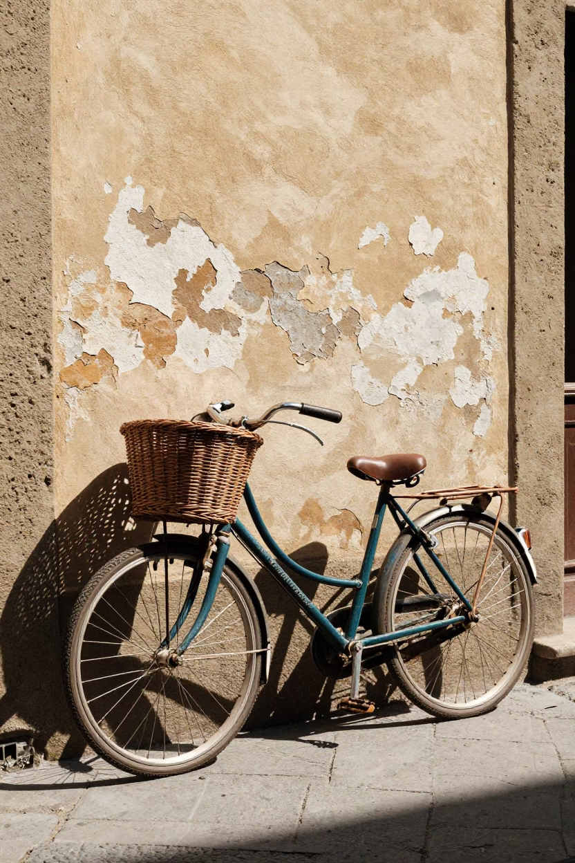 Vintage Bicycle Leaning Against Rustic Wall in Sunlit Florence Italy Midday Street Scene in in Florence, Italy