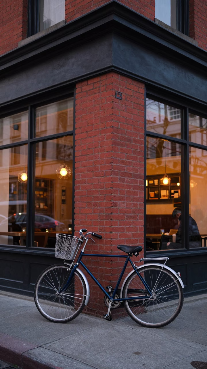 Vintage Bicycle Leaning Against San Francisco Cafe Exterior in Early Evening Light in in San Francisco, California, United States