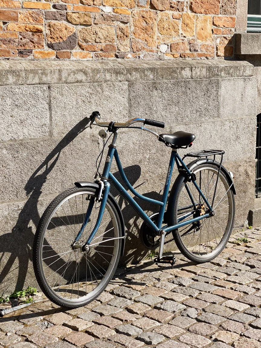 Vintage Bicycle Leaning Against Stone Wall in Copenhagen Midday Sunlight in in Copenhagen, Denmark