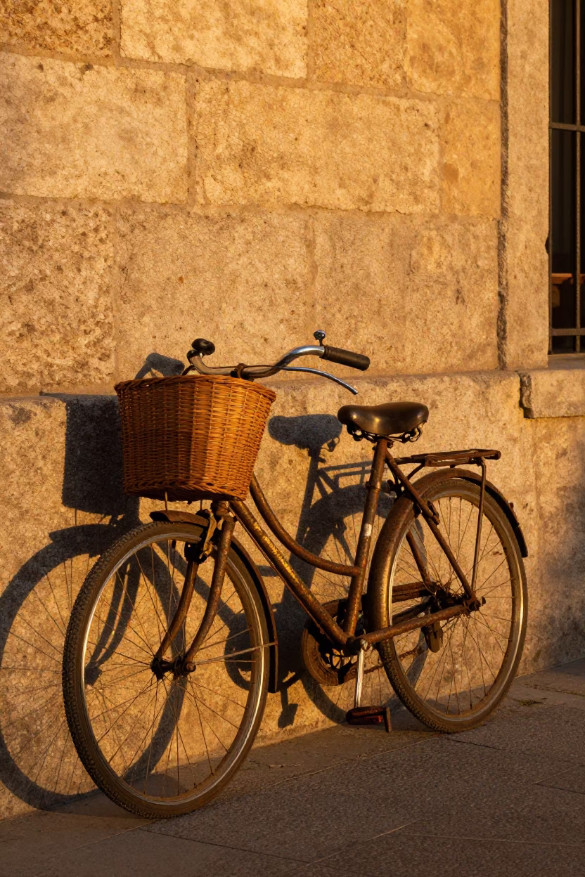 Vintage Bicycle Leaning Against Stone Wall in Honeyed Evening Light in Madrid Spain in in Madrid, Spain