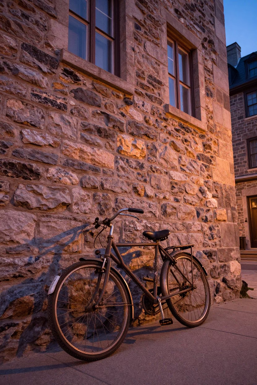 Vintage Bicycle Leaning Against Stone Wall in Quebec City Before Dusk in in Quebec City, Quebec, Canada