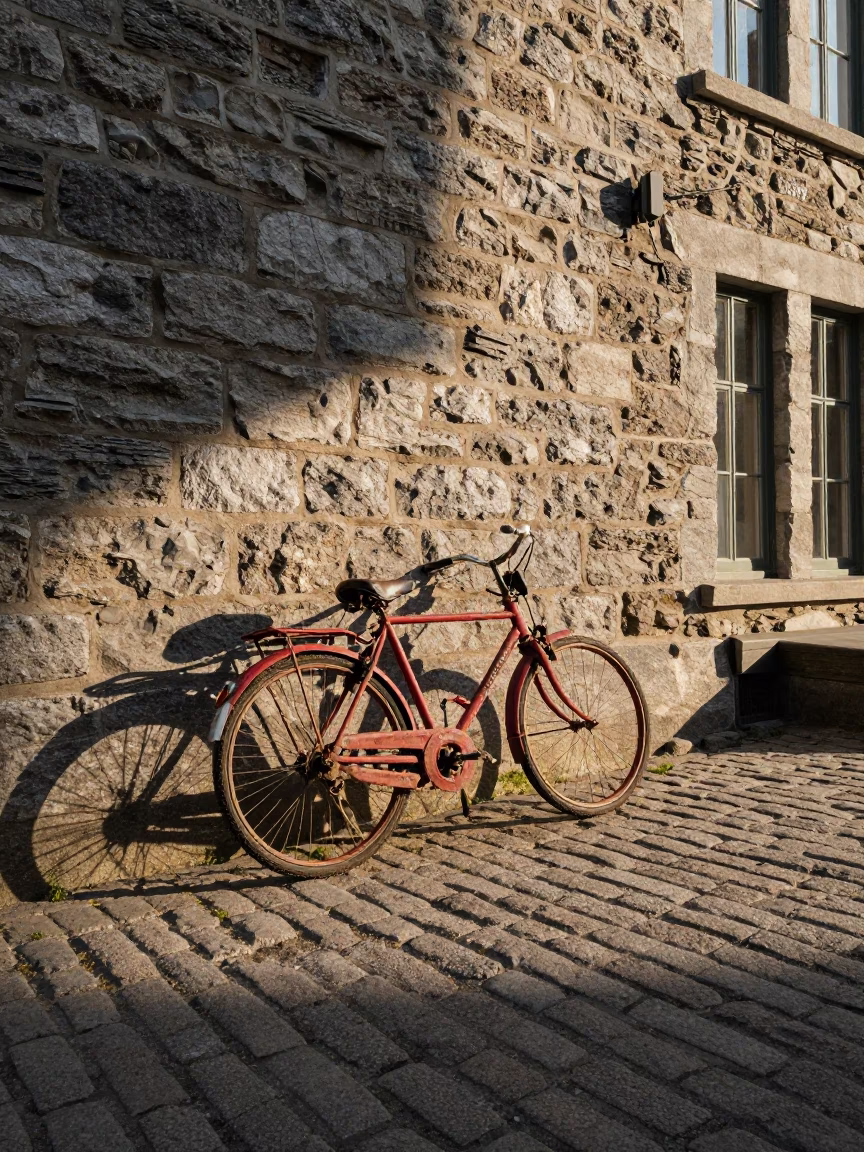 Vintage Bicycle Leaning Against Stone Wall in Quebec City Late Afternoon Light in in Quebec City, Quebec, Canada
