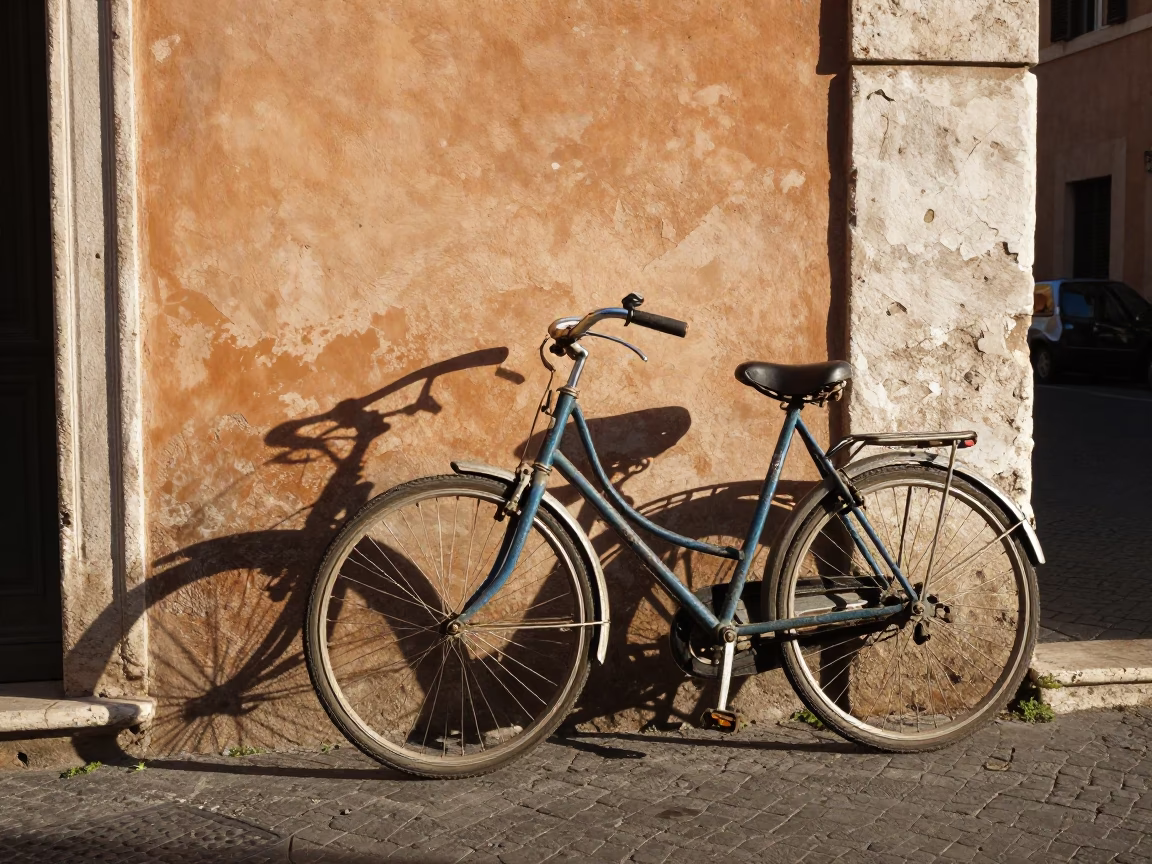 Vintage Bicycle Leaning Against Stone Wall in Rome Early Afternoon in in Rome, Italy