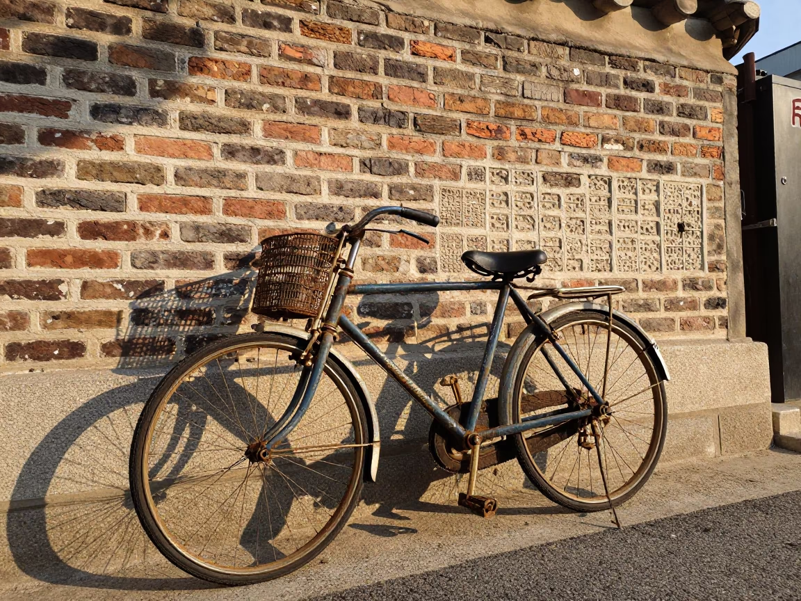 Vintage Bicycle Leaning Against Traditional Brick Wall in Seoul Late Afternoon Street Scene in in Seoul, South Korea