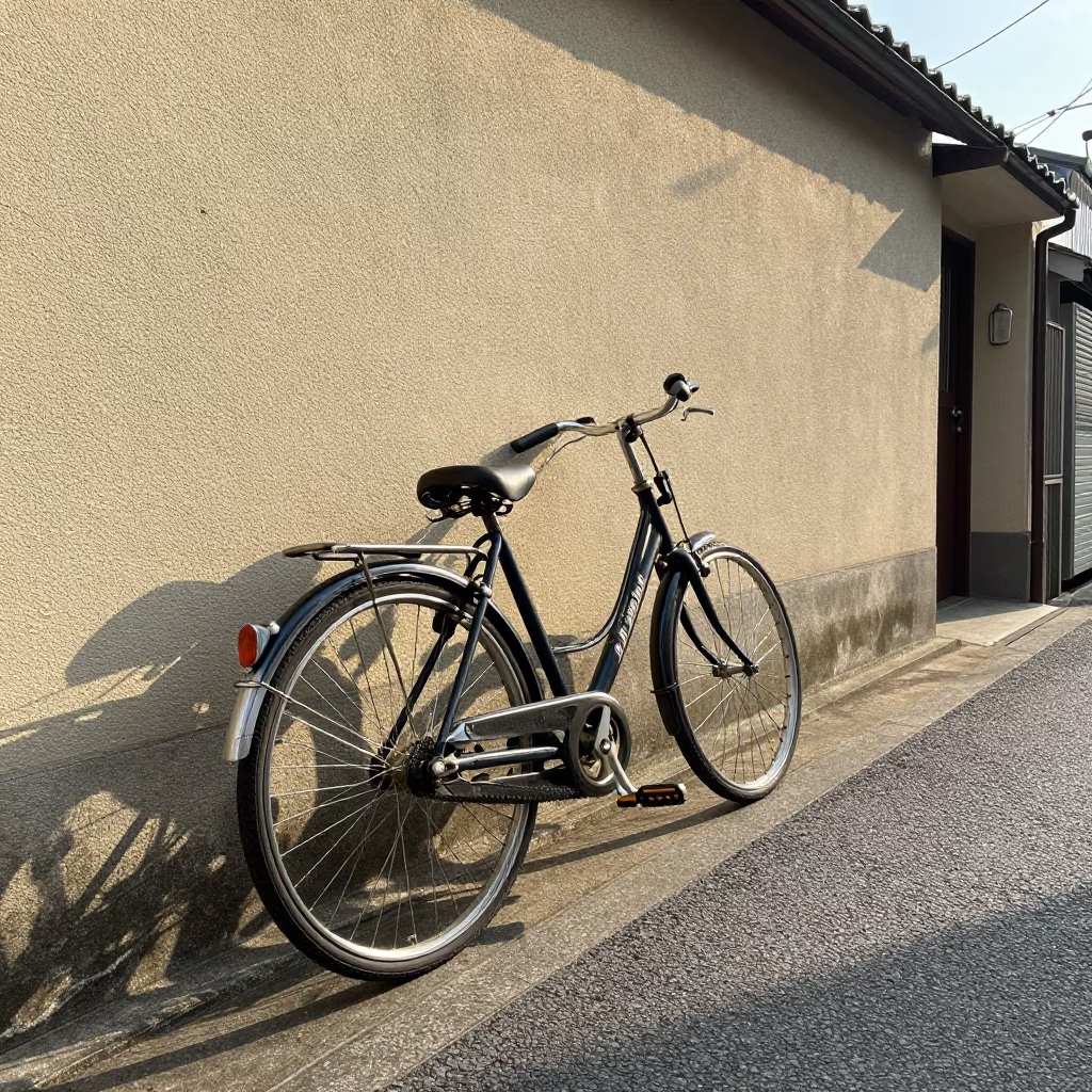 Vintage Bicycle Leaning Against Wall in Fukuoka Japan Late Morning Street Scene in in Fukuoka, Japan