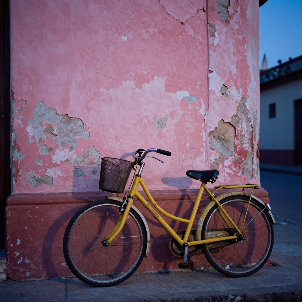 Vintage Bicycle Leaning Against Weathered Colonial Wall in Havana Cuba at Blue Hour in in Havana, Cuba