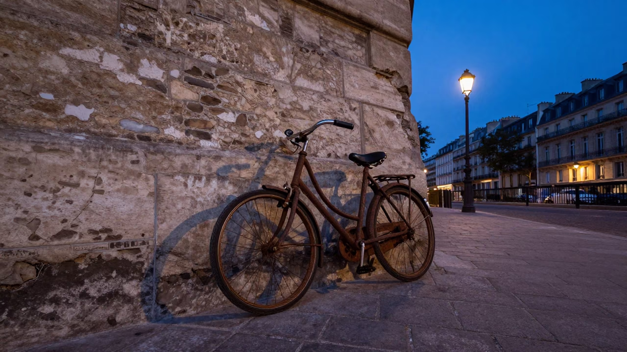 Vintage Bicycle Leaning Against Weathered Parisian Wall at Nautical Dawn in in Paris, France