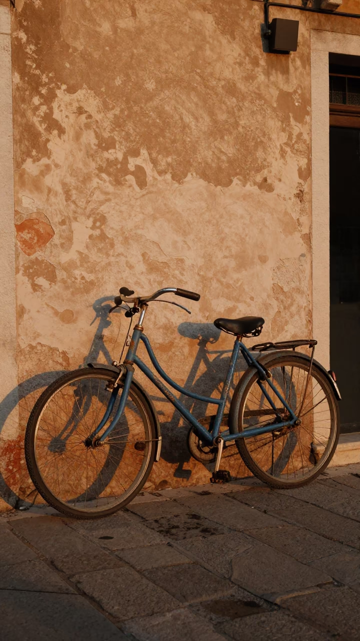 Vintage Bicycle Leaning Against Weathered Plaster Wall in Venice Italy at Sunset in in Venice, Italy