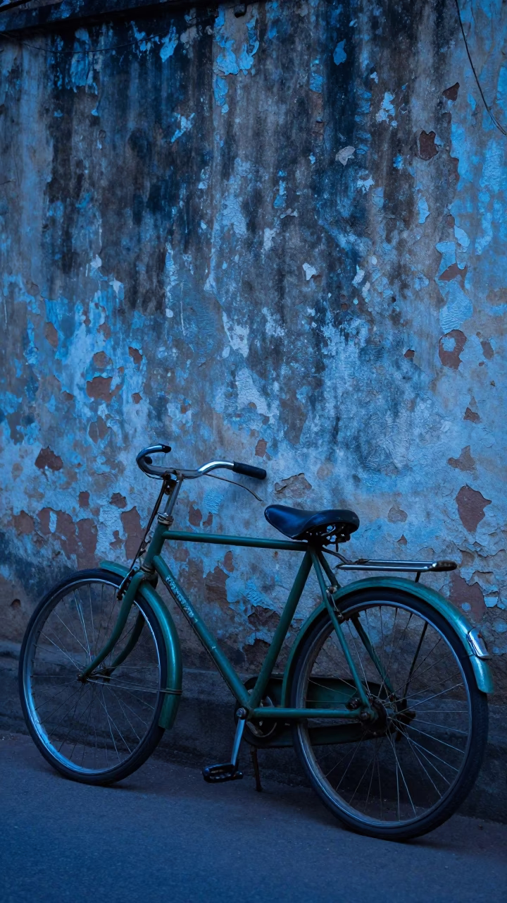 Vintage Bicycle Leaning Against Weathered Wall in Mumbai Evening Blue Light in in Mumbai, India
