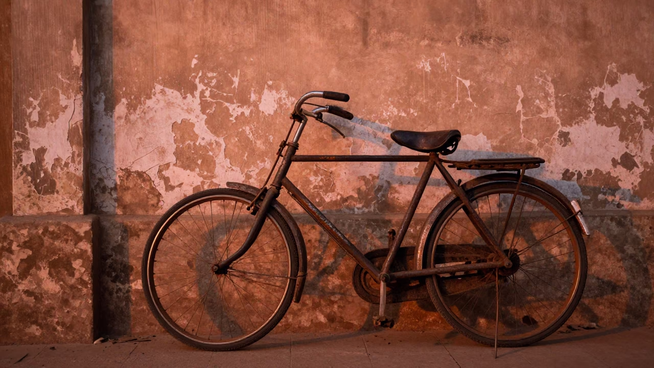 Vintage Bicycle Leaning Against Weathered Wall in Phnom Penh Cambodia Before Dusk in in Phnom Penh, Cambodia