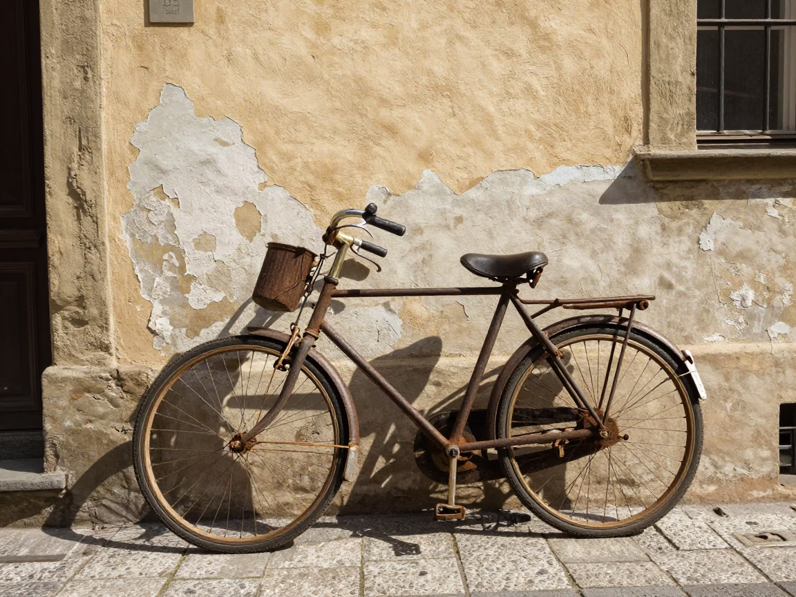 Vintage Bicycle Leaning Against Weathered Wall in Prague Czech Republic Noon Light in in Prague, Czech Republic
