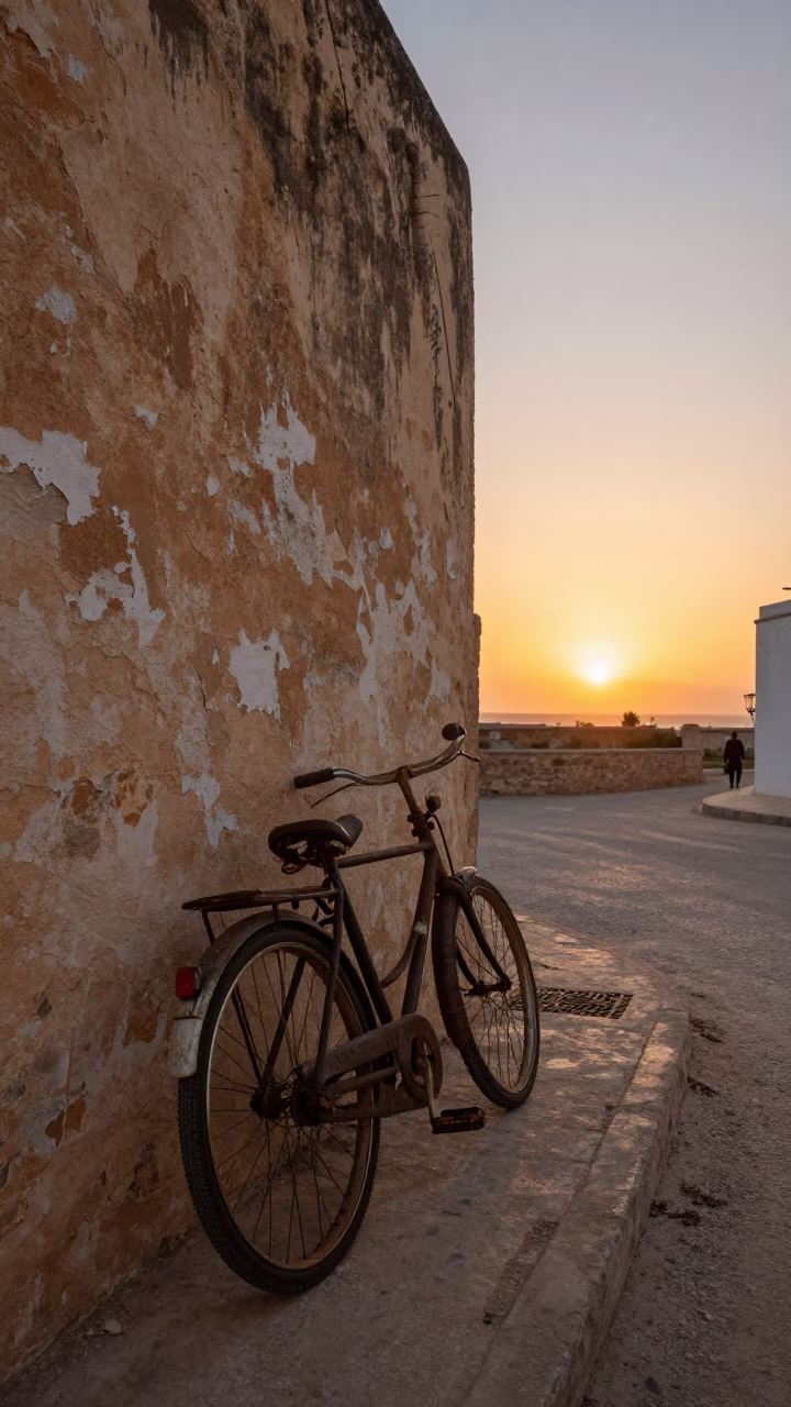 Vintage Bicycle Leaning Against Weathered Wall in Tunis at Sunset in in Tunis, Tunisia