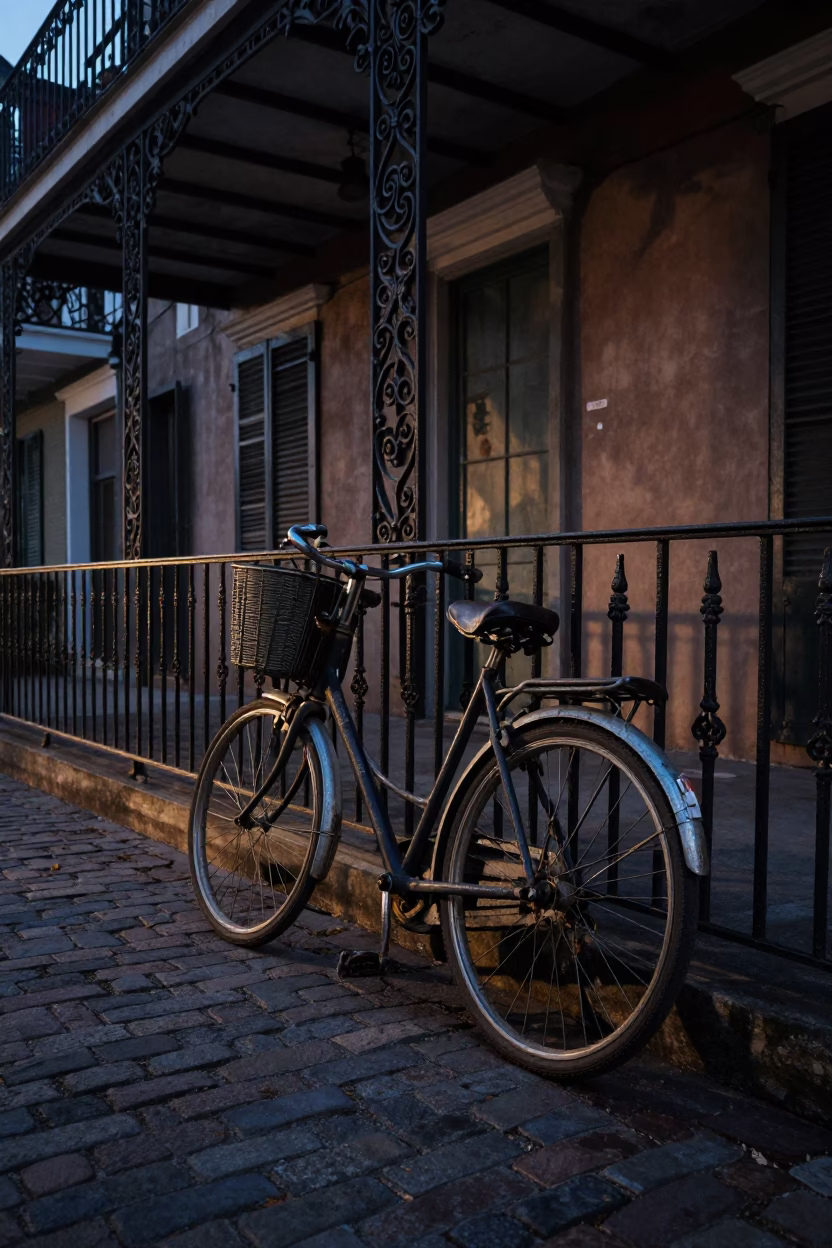 Vintage Bicycle Leaning Against Wrought Iron Balcony in New Orleans Before Dawn in in New Orleans, Louisiana, United States