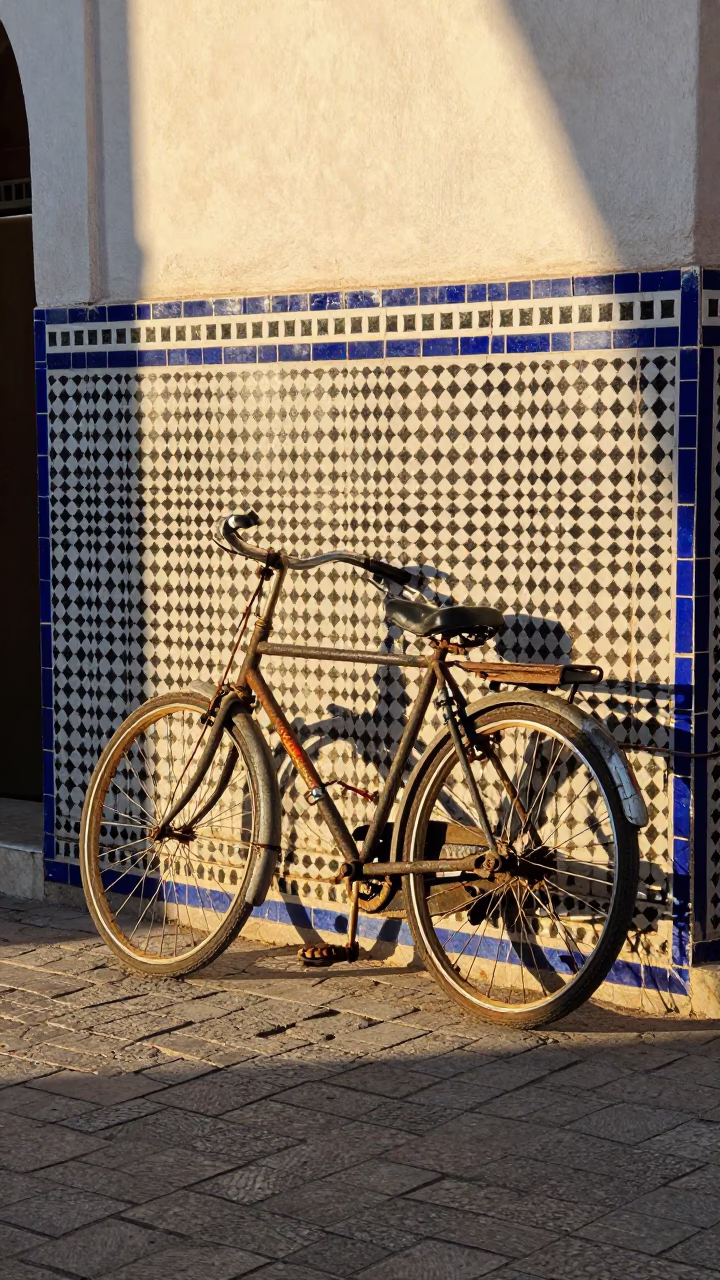 Vintage Bicycle Leaning Against Zellige Tile Wall in Fez Morocco Morning Light in in Fez, Morocco