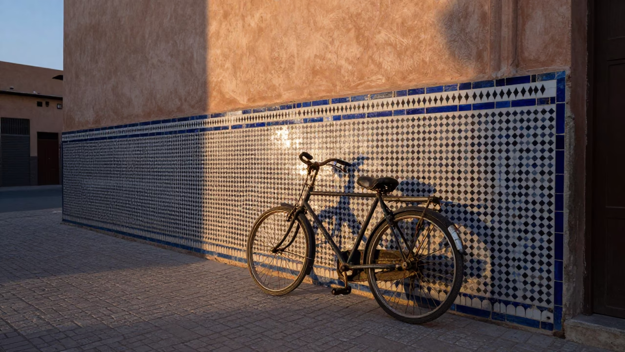 Vintage Bicycle Leaning Against Zellige Wall in Fez Morocco Early Evening Light in in Fez, Morocco