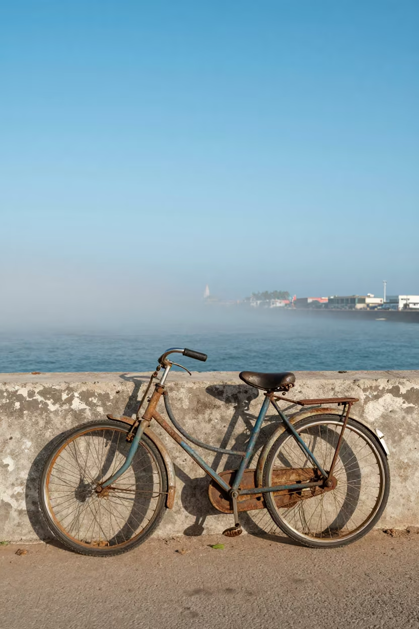 Vintage Bicycle by Mozambique Harbor Fog in beside a fogbound harbor mouth in Mozambique