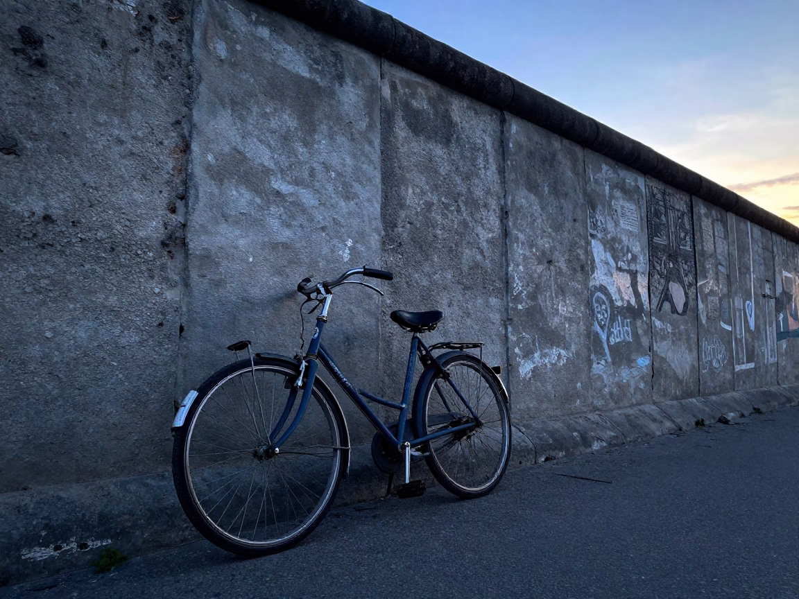 Vintage Bicycle Parked Against Berlin Wall Remnant at Dawn in Germany in in Berlin, Germany