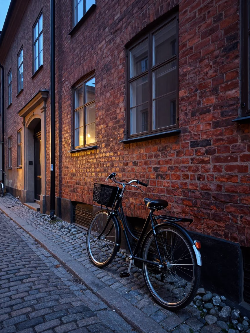 Vintage Bicycle Parked Against Brick Wall at First Light Dawn in Stockholm Sweden in in Stockholm, Sweden
