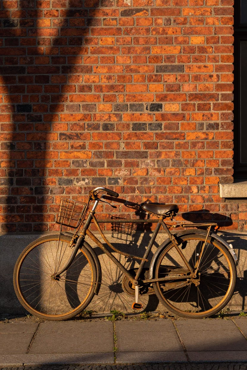 Vintage Bicycle Parked Against Brick Wall in Berlin Germany Late Afternoon Street Scene in in Berlin, Germany