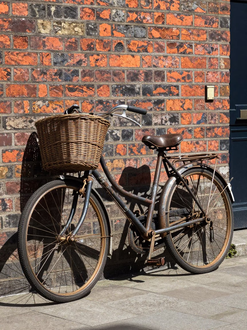 Vintage Bicycle Parked Against Brick Wall in Dublin Ireland Midday Street Scene in in Dublin, Ireland
