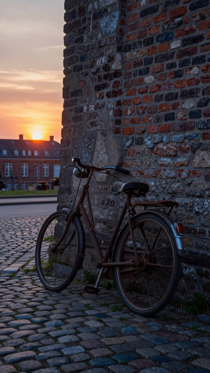 Vintage Bicycle Parked Against Cobblestone Wall in Copenhagen at Sunset in in Copenhagen, Denmark