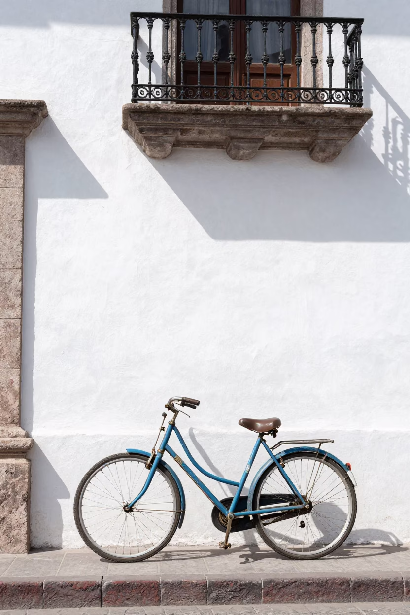 Vintage Bicycle Parked Against Colonial Wall in Bright Quito Ecuador Midmorning in in Quito, Ecuador