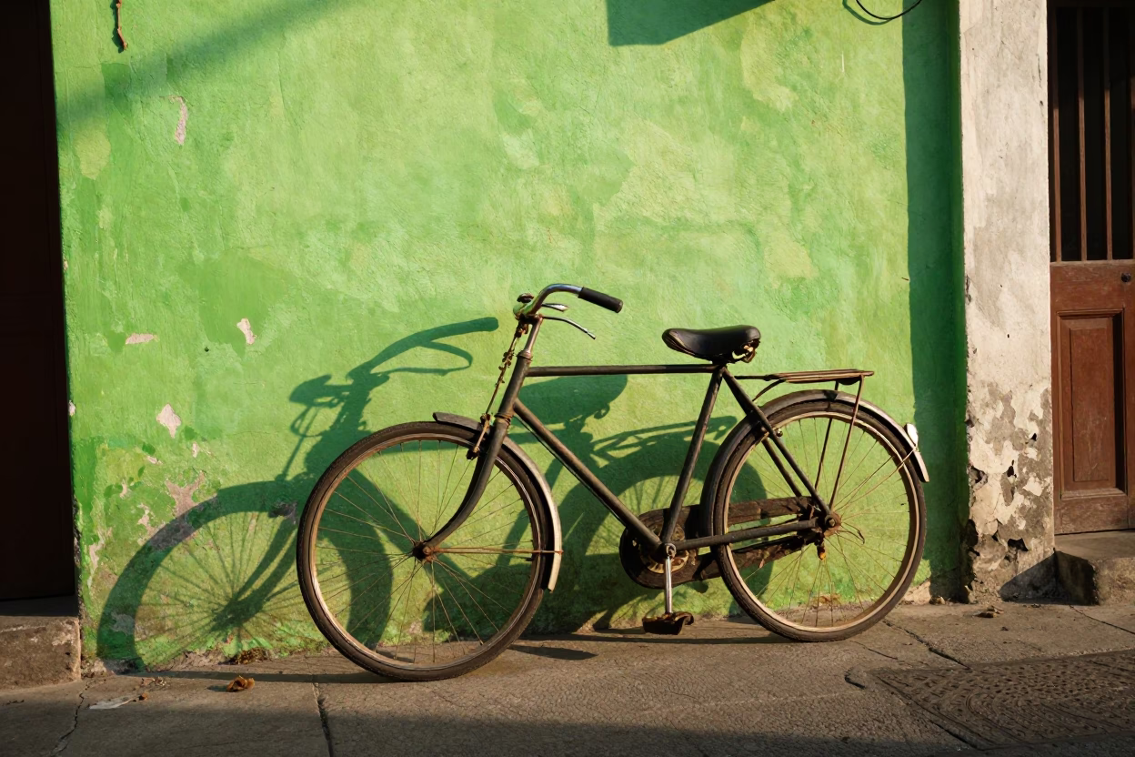 Vintage Bicycle Parked Against Colorful Wall in Denpasar Indonesia Late Afternoon Light in in Denpasar, Indonesia
