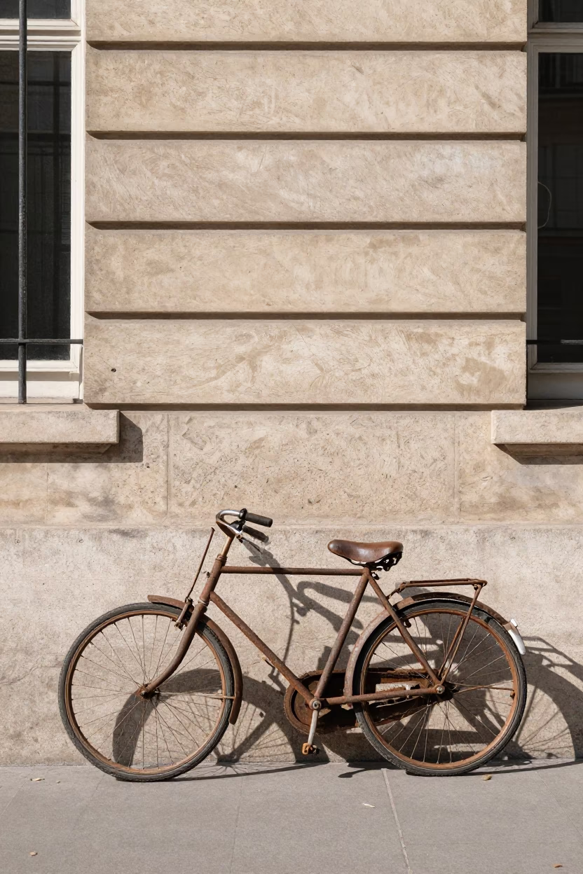 Vintage Bicycle Parked Against Haussmann Wall in Paris Under Noon Sun in in Paris, France