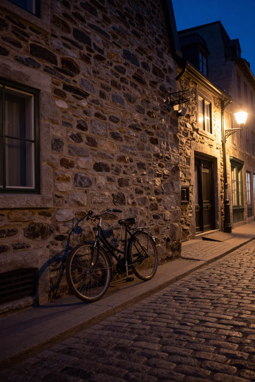 Vintage Bicycle Parked Against Stone Wall in Quebec City at Night in in Quebec City, Quebec, Canada