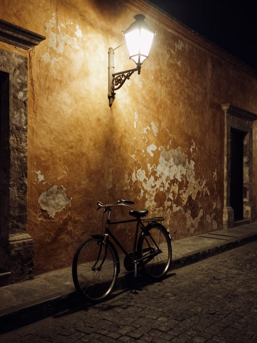 Vintage Bicycle Parked Against Weathered Wall in Deep Night Mexico City Street Scene in in Mexico City, Mexico