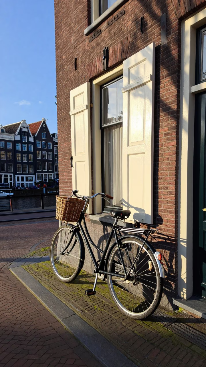 Vintage Bicycle Parked Near Canal House in Amsterdam Late Afternoon Light in in Amsterdam, Netherlands