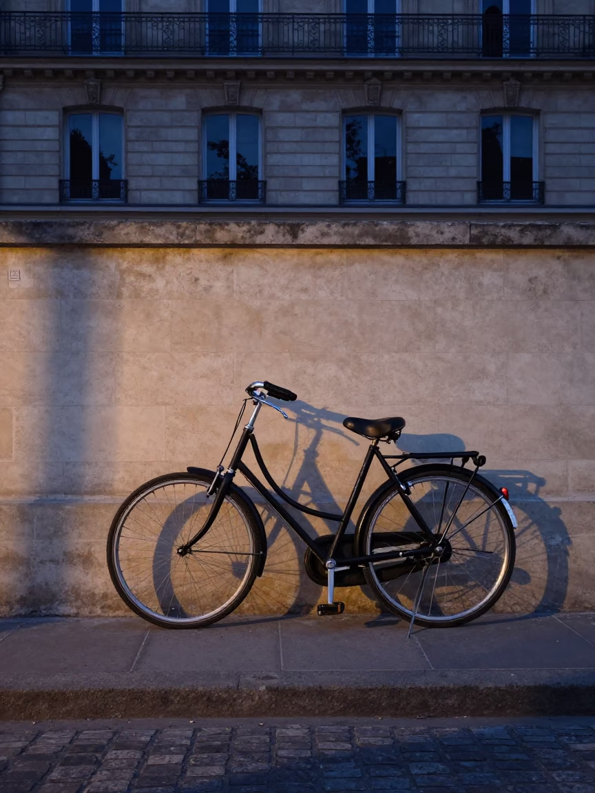 Vintage Bicycle Parked Near Haussmann Facade in Pre-Dawn Paris Before Sunrise in in Paris, France