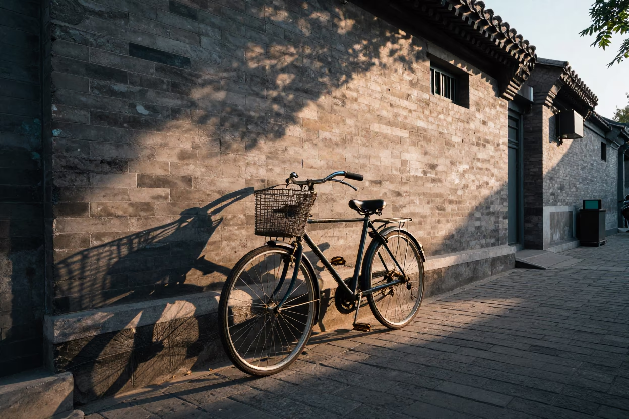 Vintage Bicycle Parked Near Traditional Beijing Hutong Alleyway in Early Morning Light in in Beijing, China