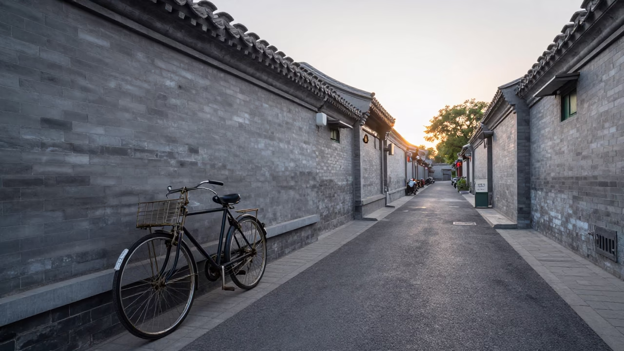 Vintage Bicycle Parked Near Traditional Hutong Wall in Early Morning Beijing China in in Beijing, China