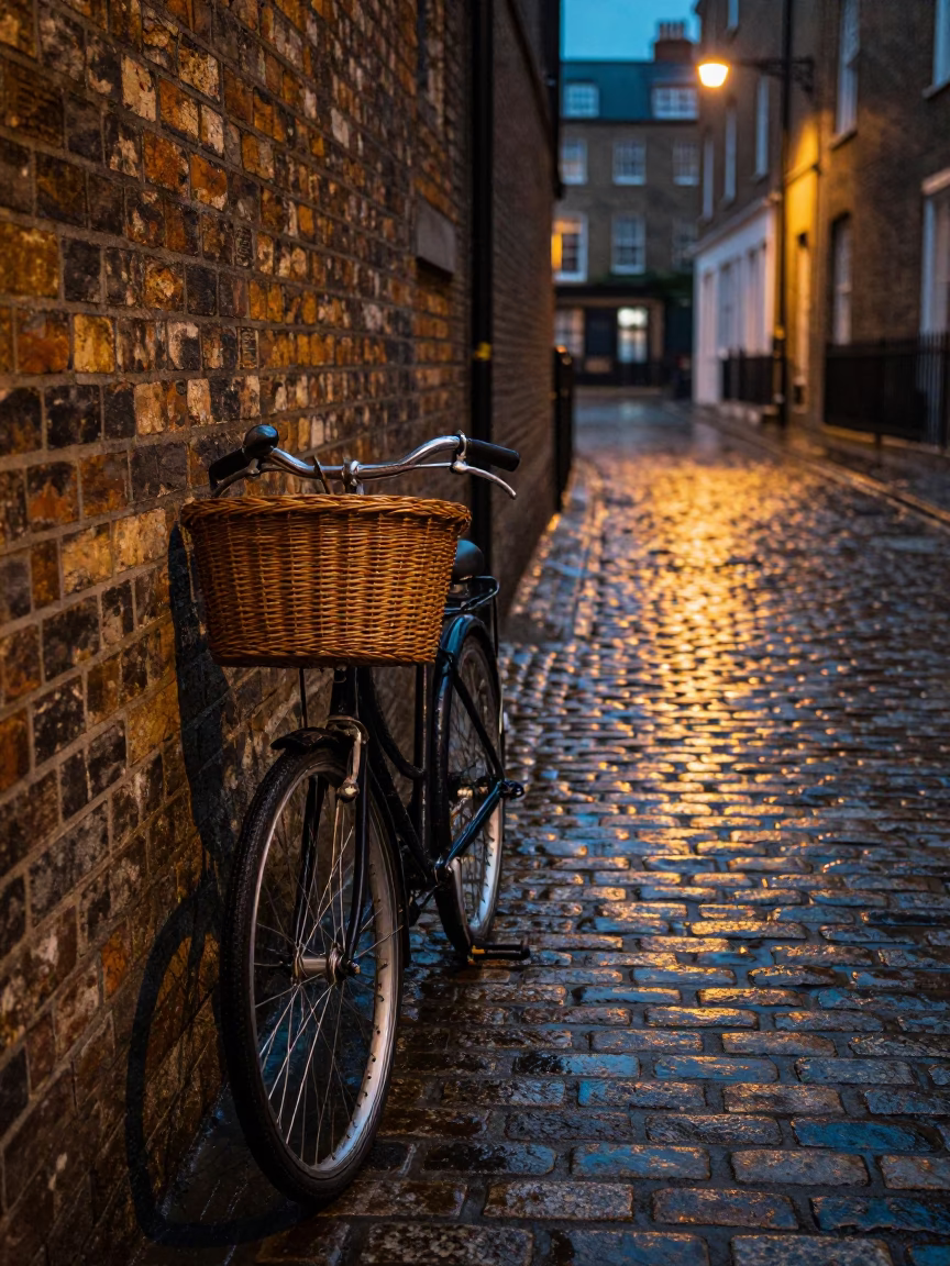 Vintage Bicycle Parked on Cobblestone Street in Predawn London United Kingdom in in London, United Kingdom