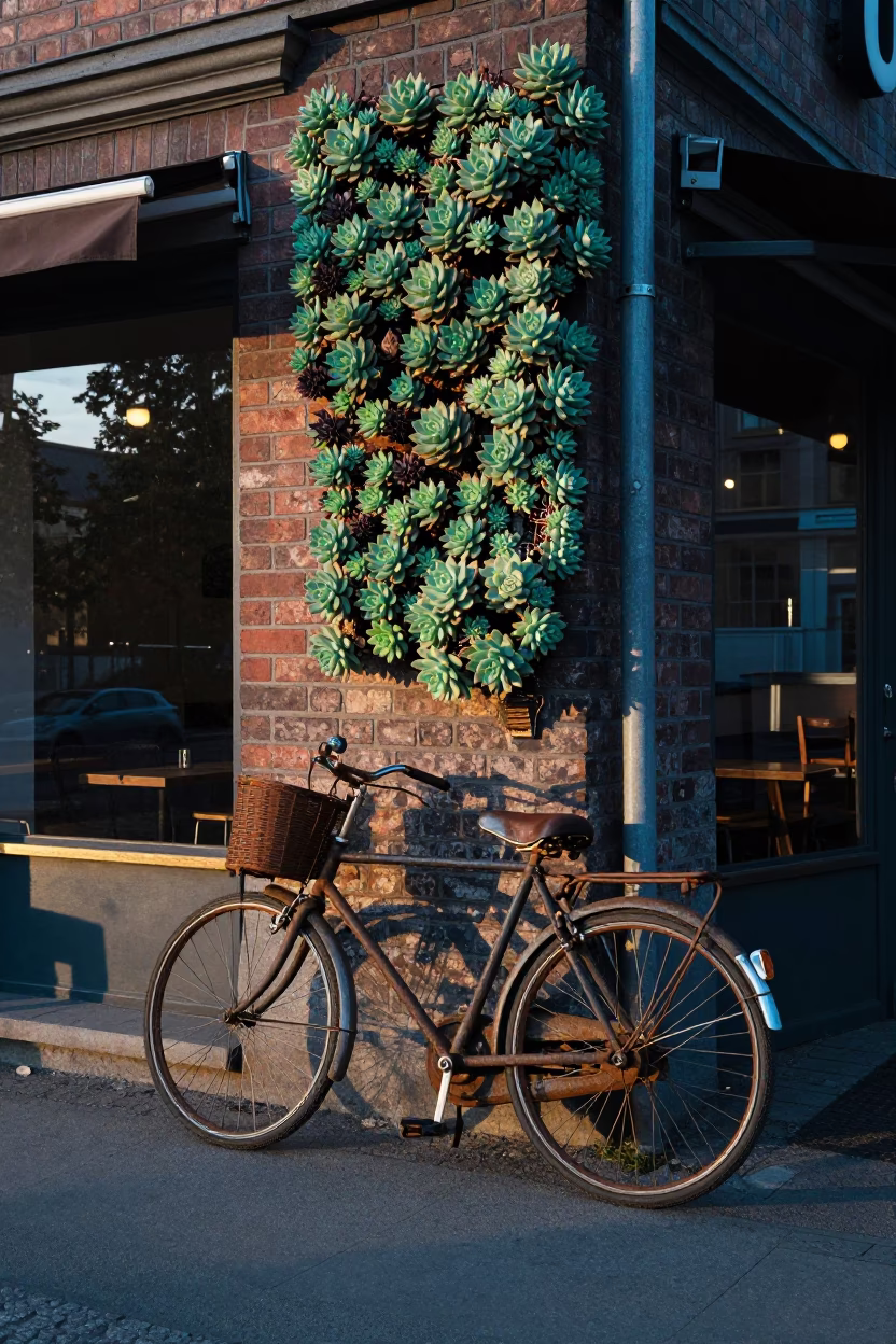 Vintage Bicycle Parked Outside Berlin Cafe Before Sunrise with Living Wall Succulents in in Berlin, Germany