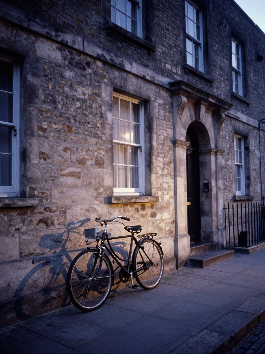 Vintage Bicycle Parked Outside Georgian Townhouse in Dublin Before Dawn in in Dublin, Ireland