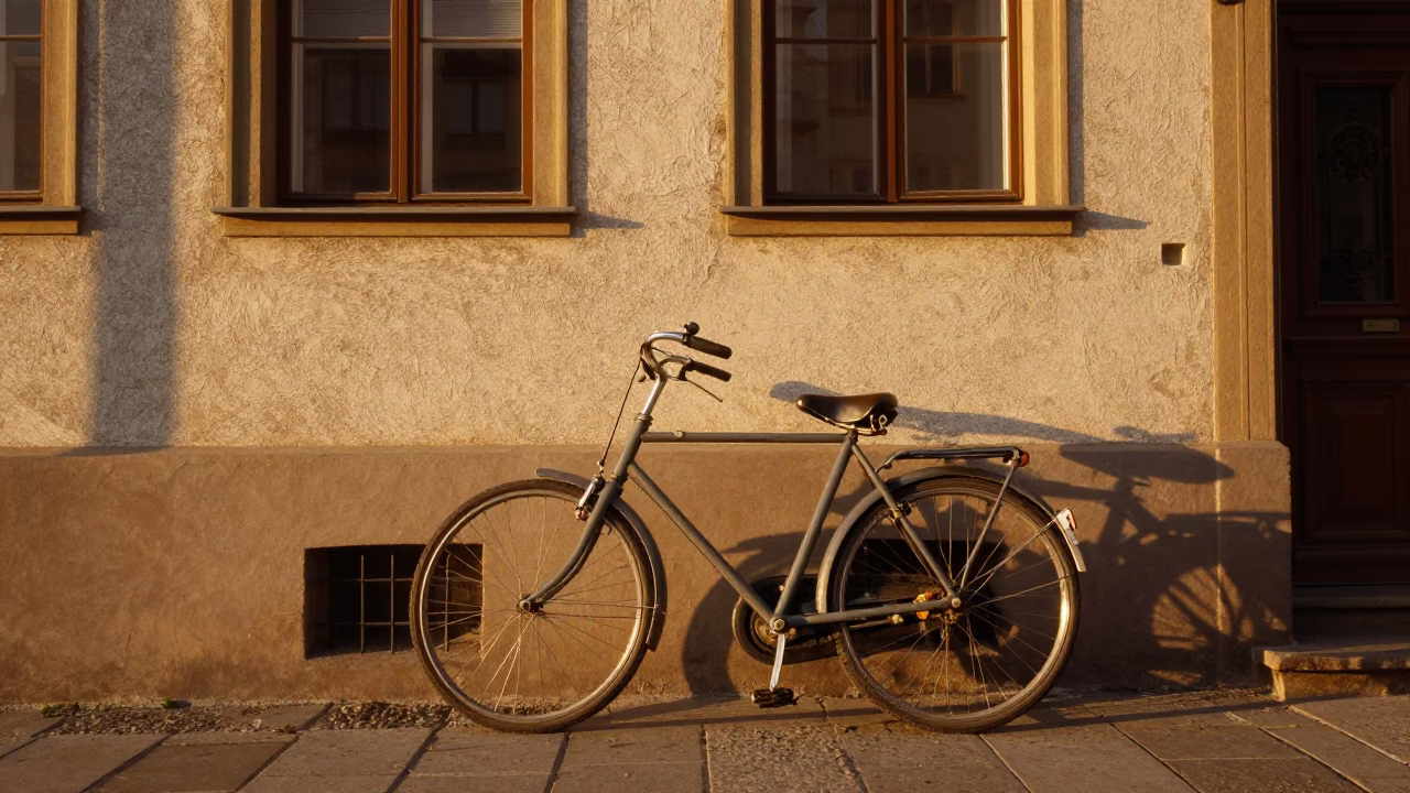Vintage Bicycle Parked Outside Historic Prague Apartment Building in Honeyed Evening Light in in Prague, Czech Republic
