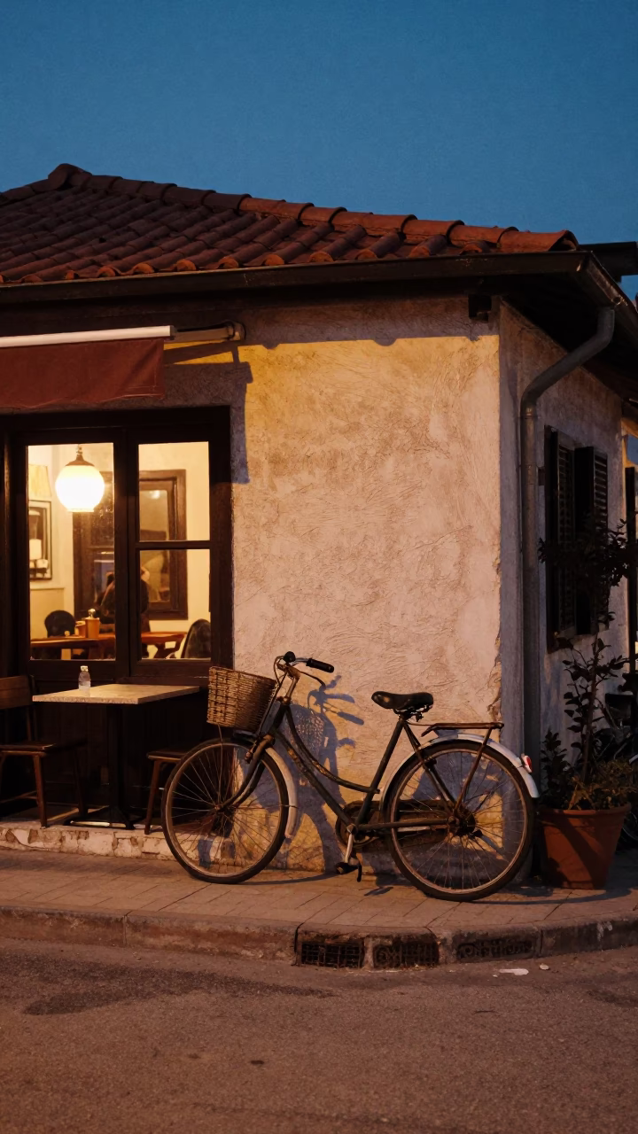 Vintage Bicycle Parked Outside Izmir Cafe at Twilight with Hummus Spread in in Izmir, Turkey