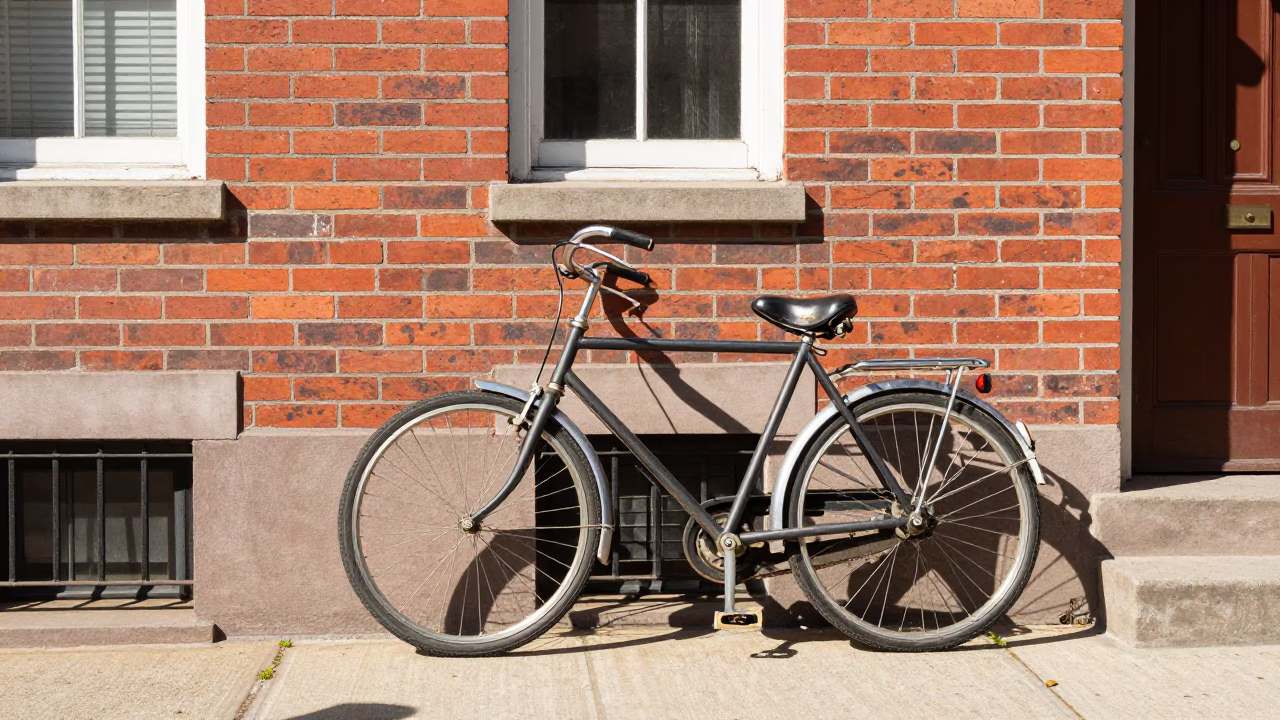 Vintage Bicycle Parked Outside Philadelphia Row House in Bright Midmorning Light in in Philadelphia, Pennsylvania, United States